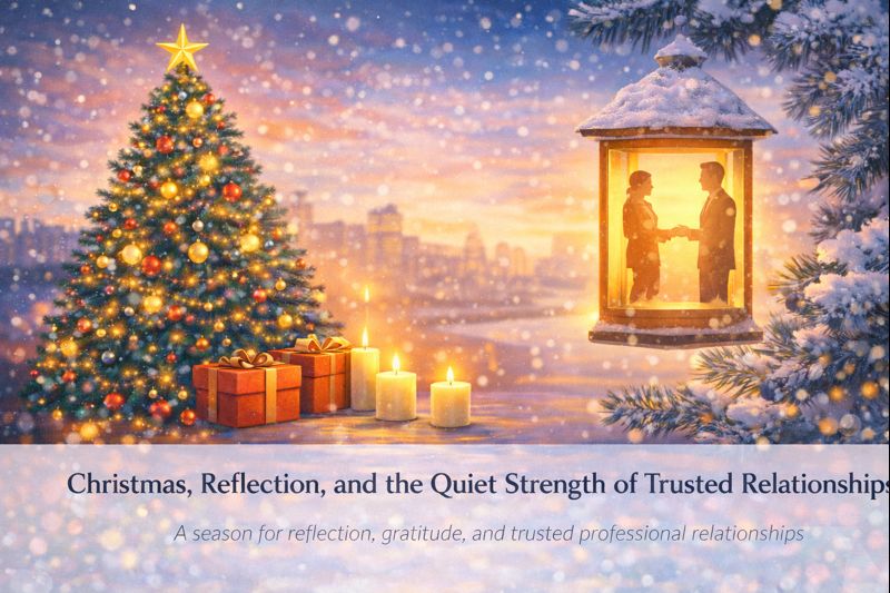 Subtle Christmas-themed illustration reflecting trust and long-term professional relationships