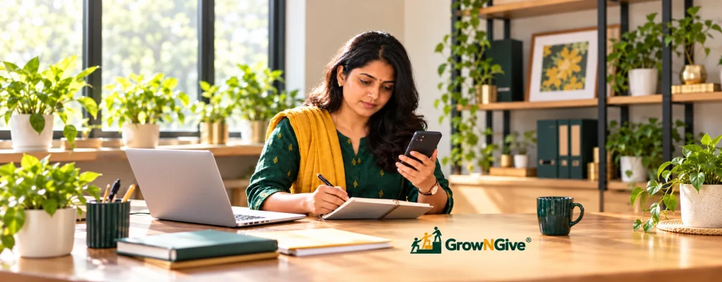 Illustrative scene of a business owner reviewing customer enquiries on her phone and in a notebook.