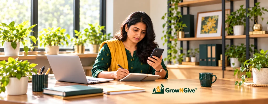 Illustrative scene of a business owner reviewing customer enquiries on her phone and in a notebook.