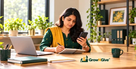 Illustrative scene of a business owner reviewing customer enquiries on her phone and in a notebook.