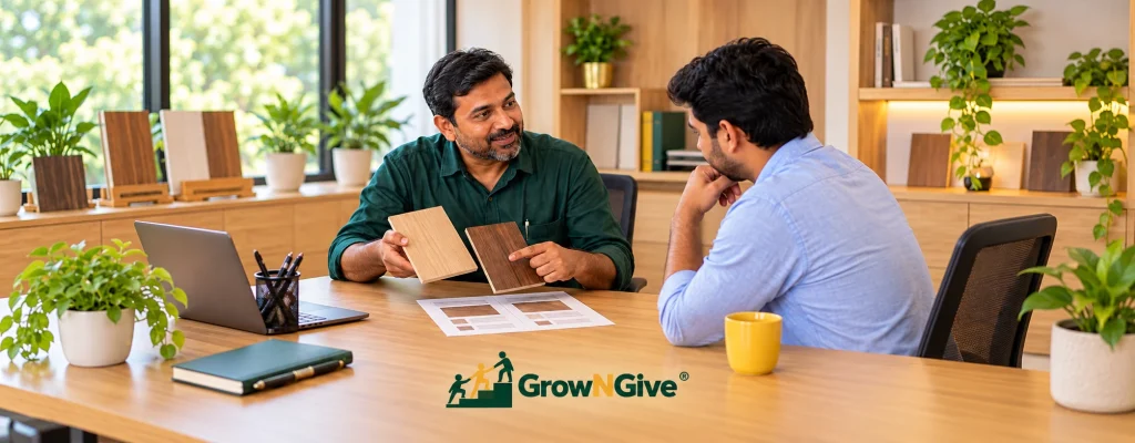 Illustrative scene of a business owner explaining his offer and product options to a customer.