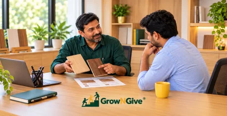 Illustrative scene of a business owner explaining his offer and product options to a customer.