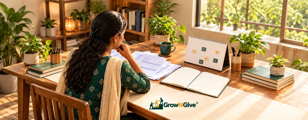 Illustrative business owner reviewing invoices, a cash-timing calendar and a notebook.