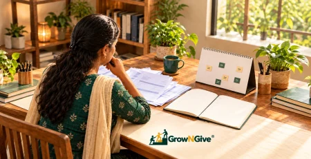 Illustrative business owner reviewing invoices, a cash-timing calendar and a notebook.