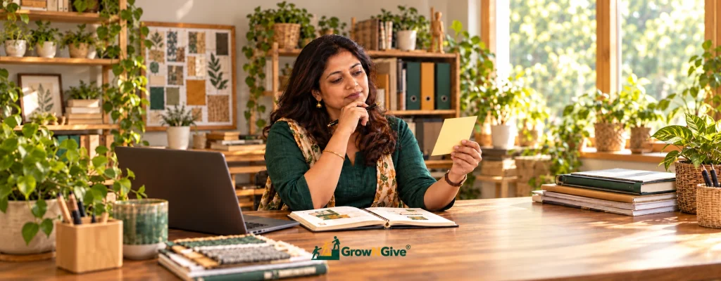 Illustrative scene of a business owner considering a new idea alongside her existing work.