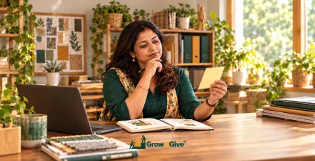 Illustrative scene of a business owner considering a new idea alongside her existing work.