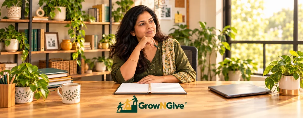 Illustrative scene of a business owner pausing to review her working week and priorities.