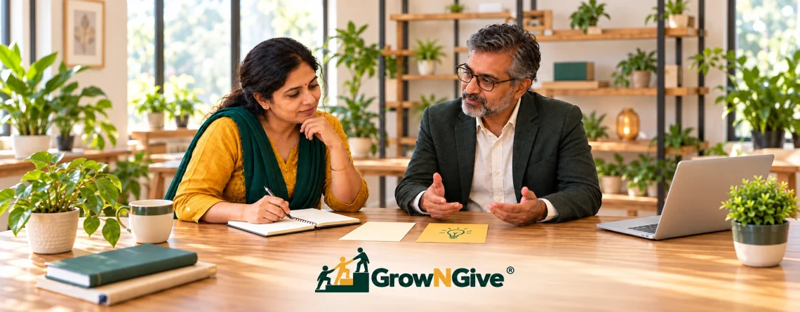 Illustrative discussion between a business owner and an adviser, with a notebook and idea card.