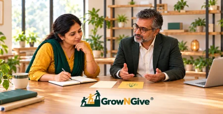 Illustrative discussion between a business owner and an adviser, with a notebook and idea card.