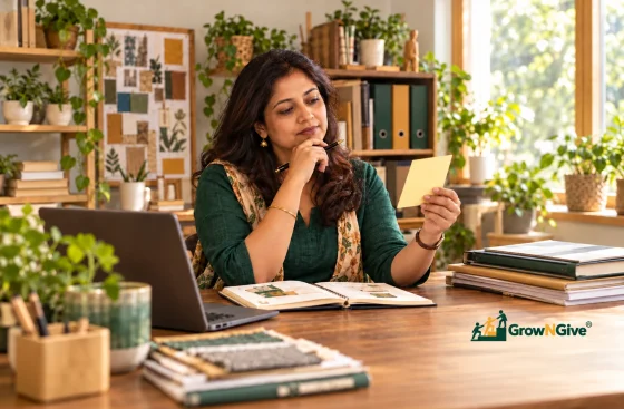 Illustrative scene of a business owner considering a new idea alongside her existing work.