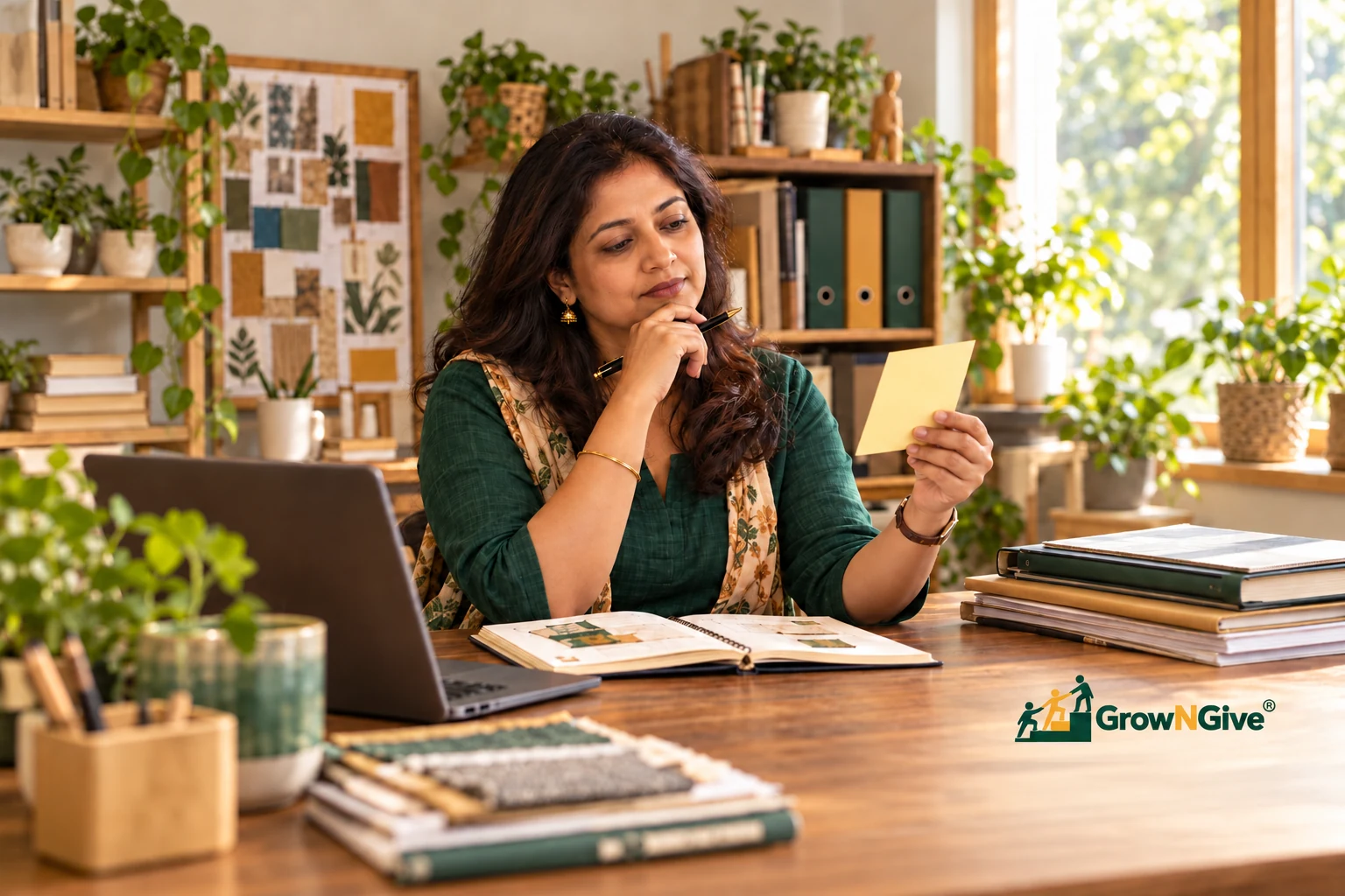 Illustrative scene of a business owner considering a new idea alongside her existing work.
