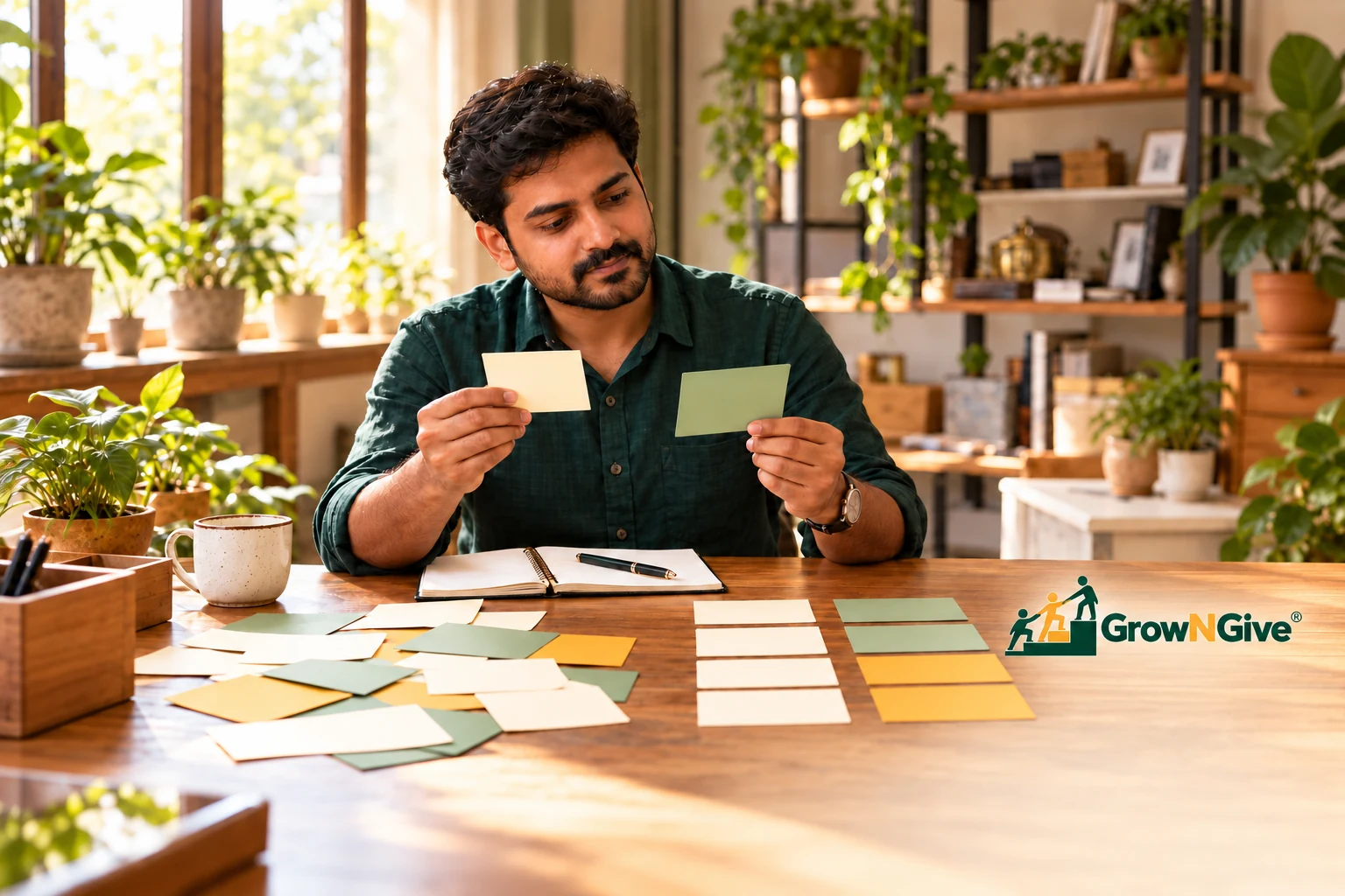 Illustrative scene of a business owner comparing and sorting competing ideas.