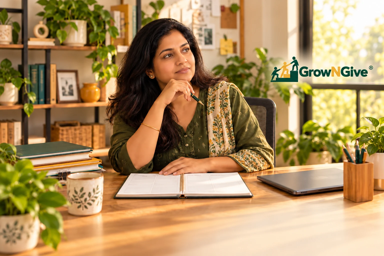 Illustrative scene of a business owner pausing to review her working week and priorities.