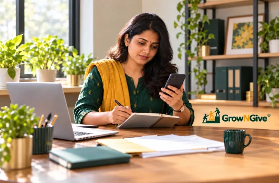Illustrative scene of a business owner reviewing customer enquiries on her phone and in a notebook.