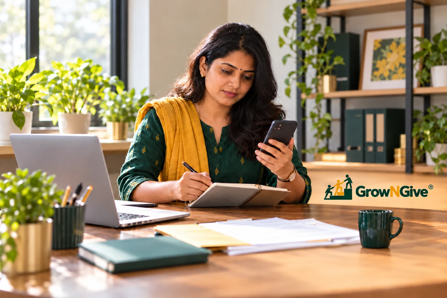 Illustrative scene of a business owner reviewing customer enquiries on her phone and in a notebook.