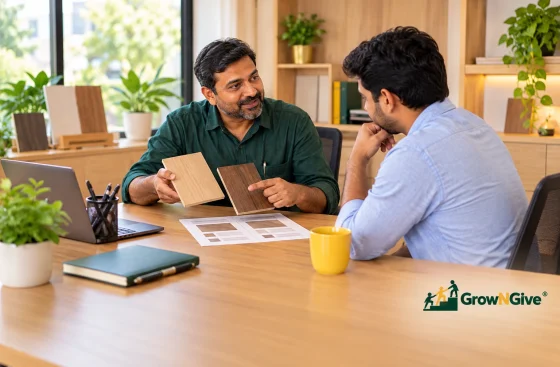 Illustrative scene of a business owner explaining an offer and product options to a customer.