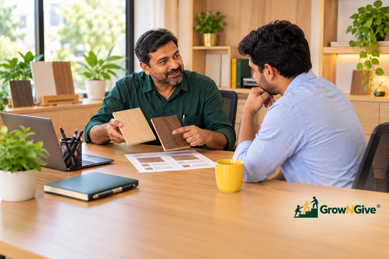 Illustrative scene of a business owner explaining an offer and product options to a customer.
