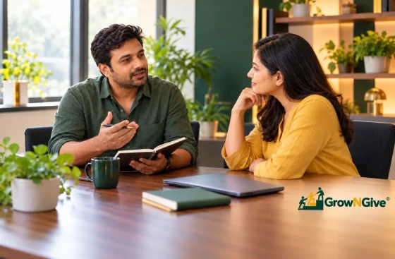 Illustrative scene of a business owner discussing a decision with an attentive thinking partner.