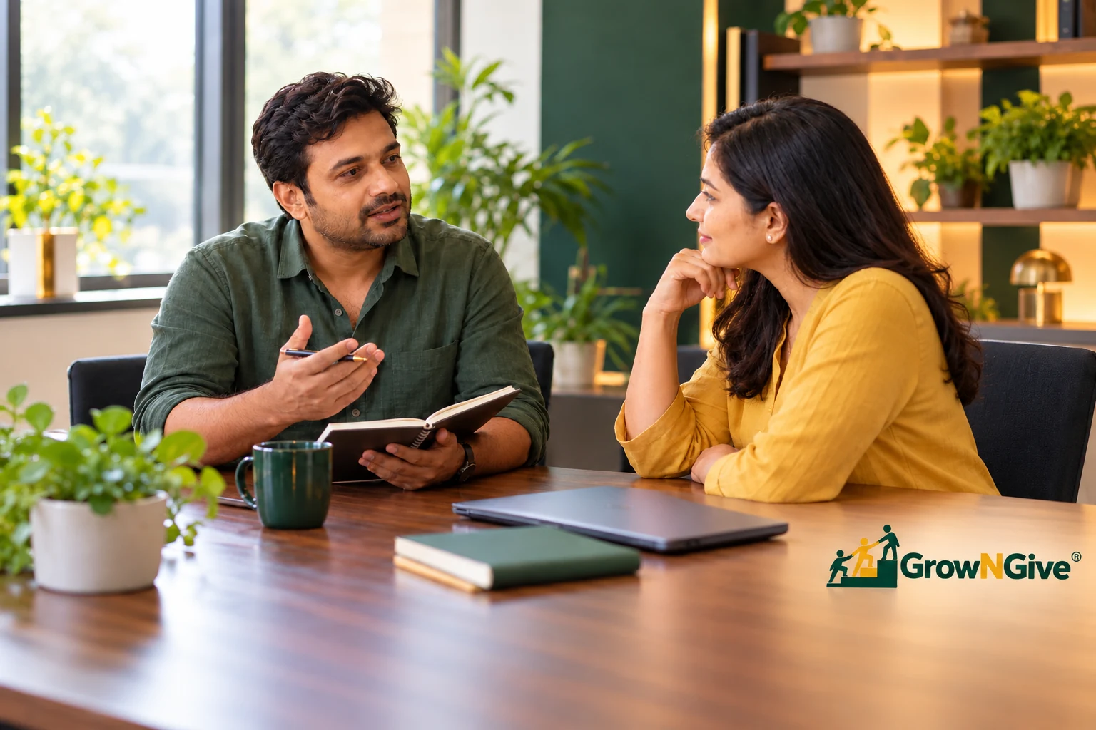 Illustrative scene of a business owner discussing a decision with an attentive thinking partner.