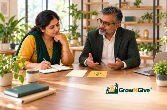 Illustrative scene of an owner considering business advice and making her own decision notes.