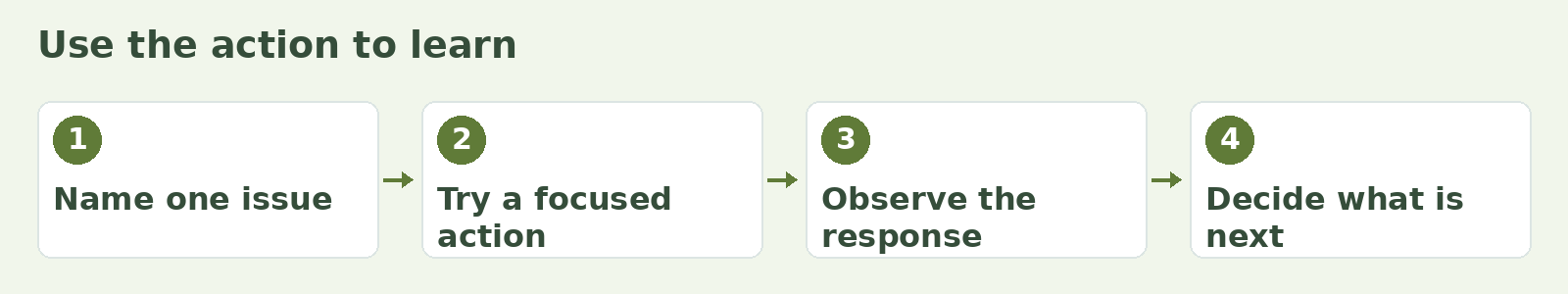 An action cycle: name one issue, try a focused action, observe the response and decide the next step.